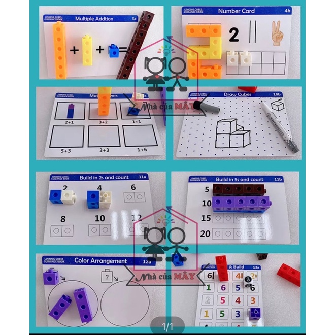 Bộ học toán và xếp hình sáng tạo Linking cube/number blocks 100 khối loại túi không thẻ/loại hộp fullbox kèm thẻ