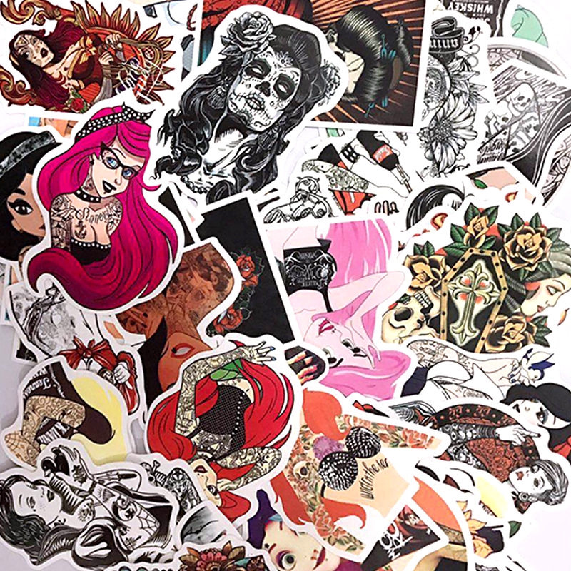 Bộ 50 miếng sticker hình cô gái có hình xăm đẹp trang trí xe hơi/máy tính xách tay văn phòng/cốp xe/đàn guitar