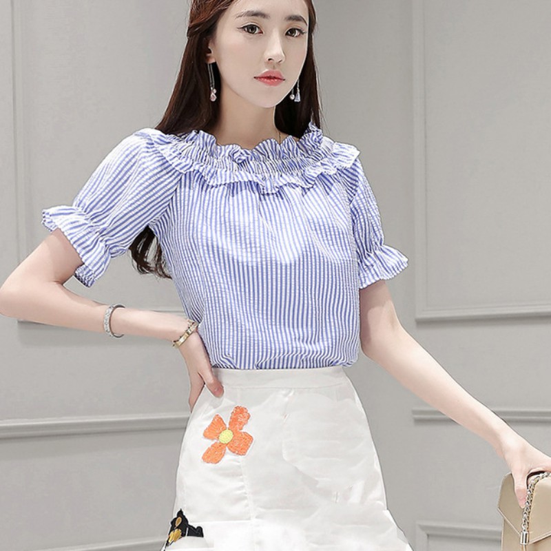 Áo kiểu trễ vai hoạ tiết kẻ sọc thiết kế thanh lịch cho phái nữ | BigBuy360 - bigbuy360.vn