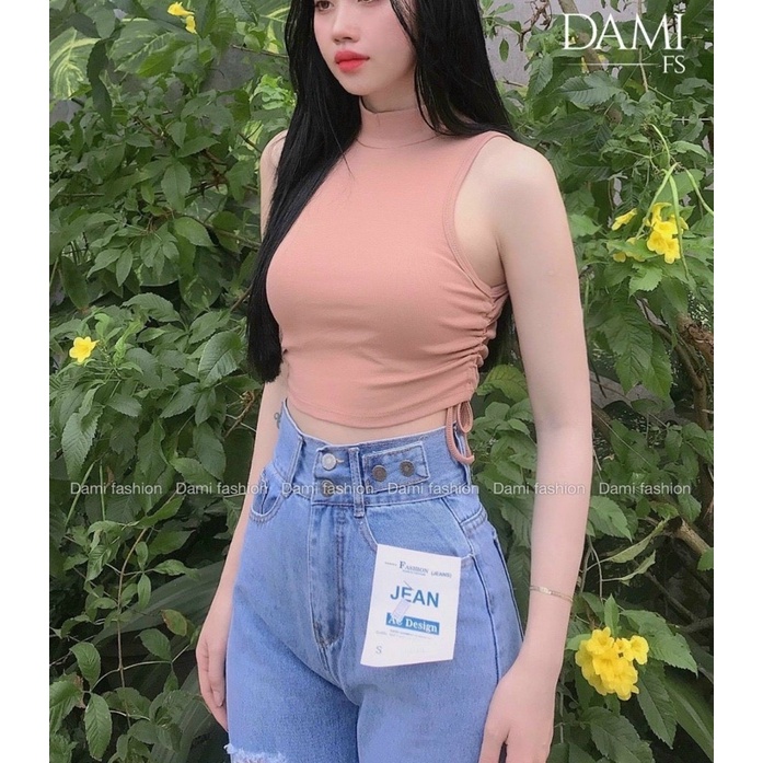 Áo kiểu nữ cổ lọ sát nách phối dây rút 2 bên, chất thun borip loại 1. Free size dưới 56kg