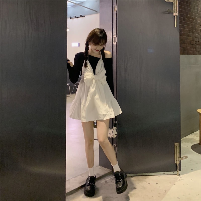 Bộ trang phục IELGY gồm áo trễ vai kèm đầm cổ yếm phối nơ thời trang retro cho nữ (có bán lẻ)