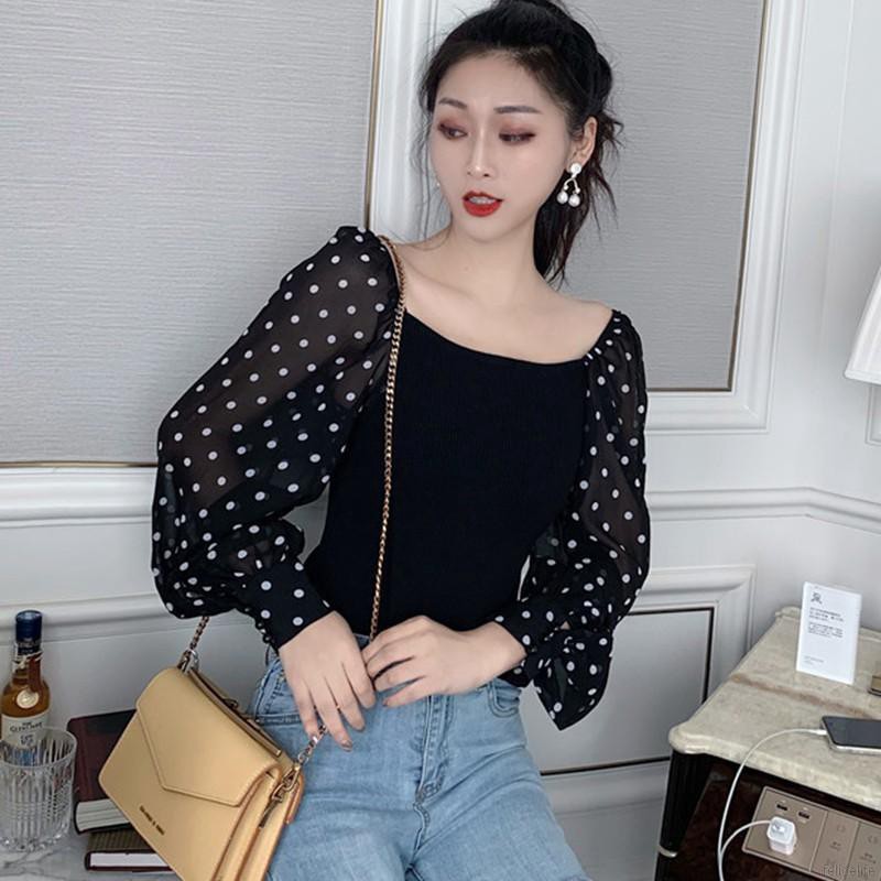 Áo nữ trễ vai họa tiết chấm bi thời trang quyến rũ