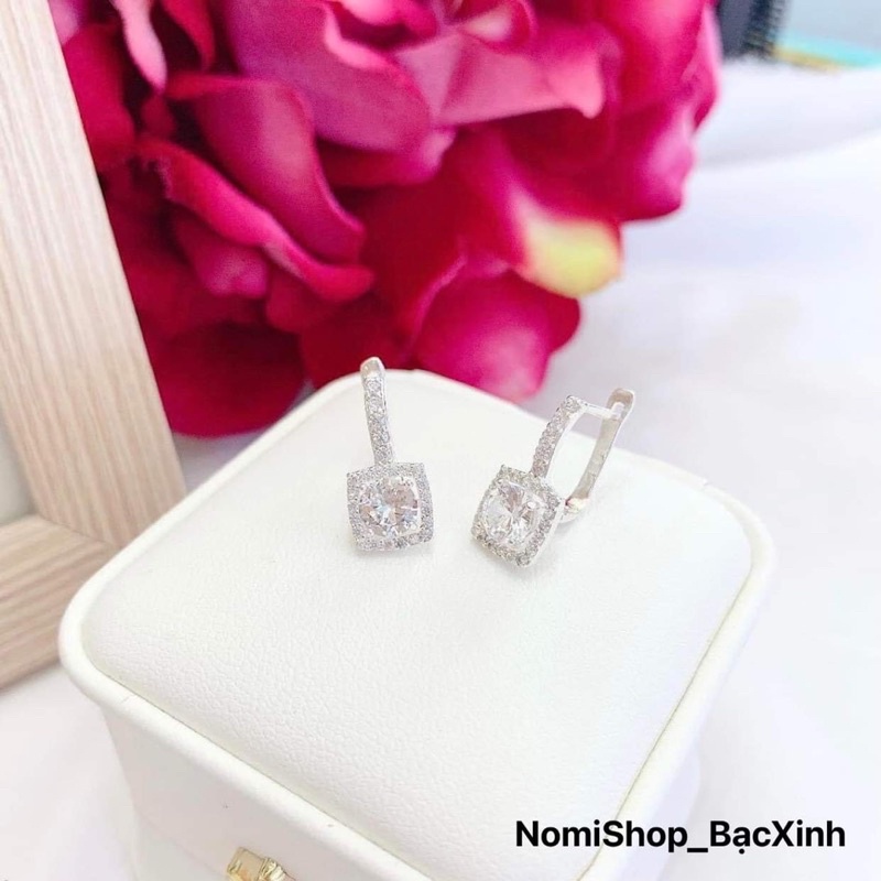 Bông tai đá vuông bấm bật cao cấp xịn xò chuẩn bạc Mainomi Shop Bạc Xinh