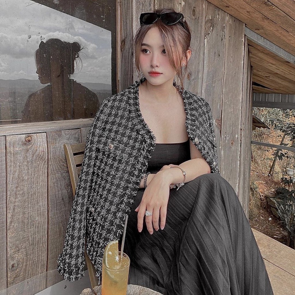 Áo khoác tweed tua rua có túi đen tingoan SECRET DREAMER JACKET/BL