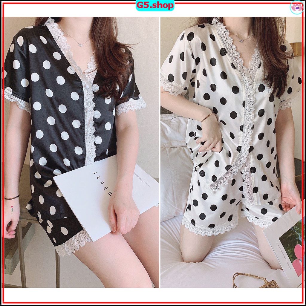 Bộ Pijama Lụa Cao Cấp Cánh Dơi Áo Cộc tay cúc cườm chấm bi phối ren Quần Đùi đồ ngủ nữ mặc nhà mùa hè mềm mại G5