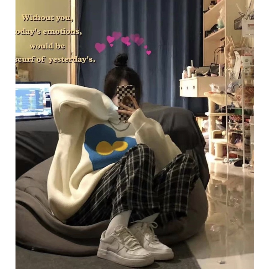 🌸 Set đồ đông quần culottes ống suông kẻ caro kèm áo sweater form rộng Ulzzang 🌸