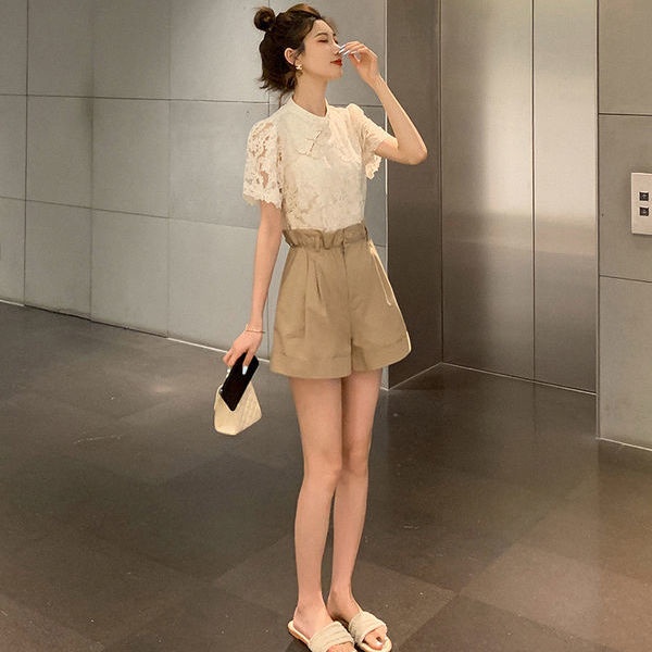 COZOK Áo Sơ Mi Ren Lỗ Tay Ngắn Cổ Đứng Phong Cách Hàn Quốc Dành Cho Nữ