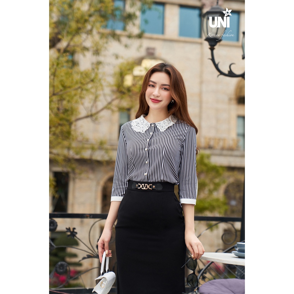 Áo Sơ Mi Nữ Công Sở UNIVTH Tay Lỡ Họa Tiết Kẻ Sọc Sang Trọng 9A0722D