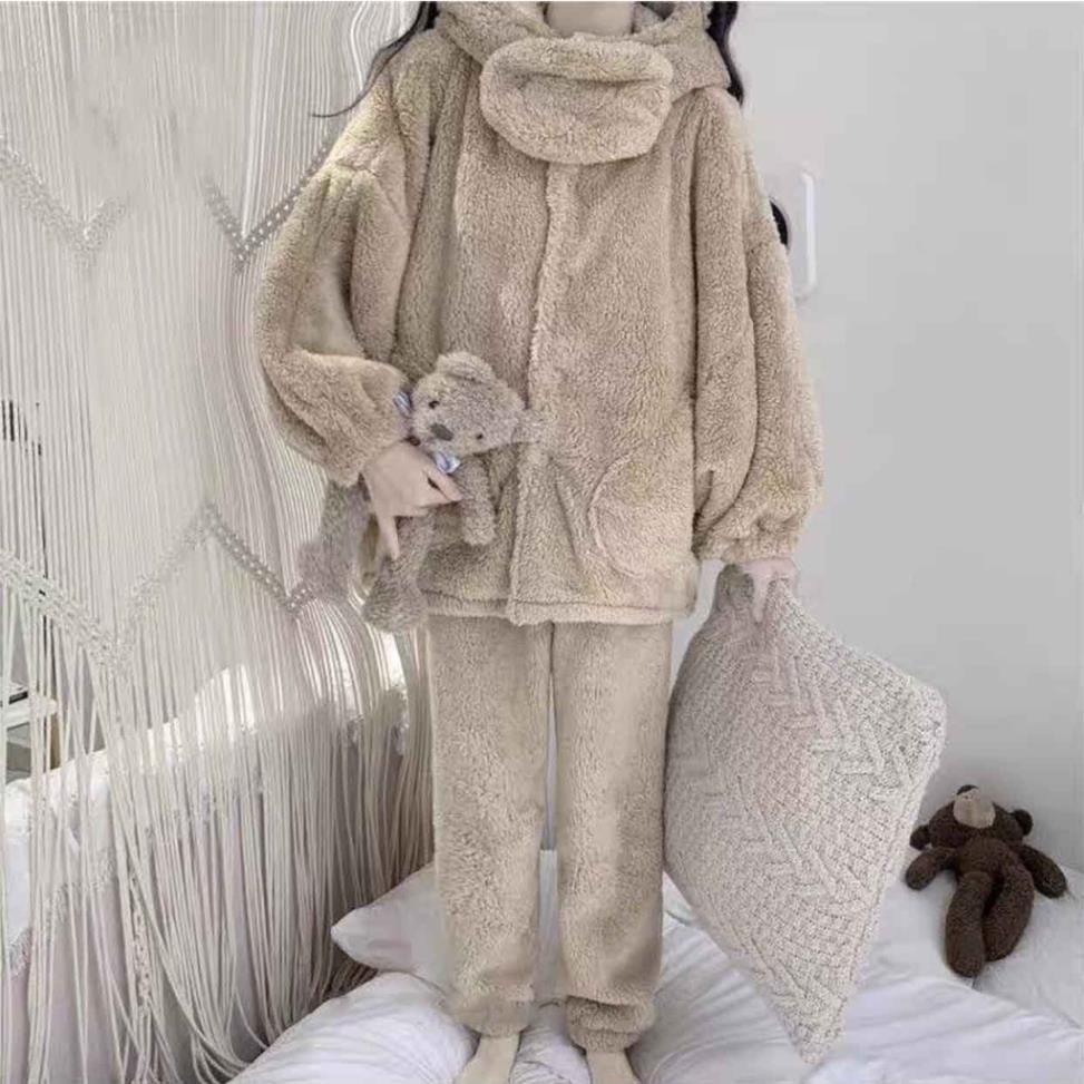 Bộ gấu lông tai gấu cute đắp cổ màu be cho nữ , Form thụng lông thỏ mượt siêu ấm áp cực xinh