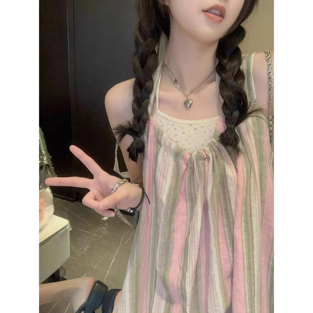 Đầm Hai Dây Hở Lưng Dáng Rộng Họa Tiết Kẻ Sọc Thời Trang Mùa Hè Hàng Mới 2023 Dành Cho Bạn Nữ