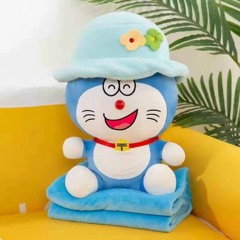Bộ Chăn Mền Gối Ôm Đoorremon Kèm mền 1m7 Đội Mũ. Gấu Bông Kèm mền dễ thương dành cho bé yêu