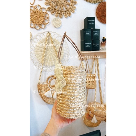 Hàng cao cấp túi cói hoa trà Vintage cầm tay siêu xinh túi có lót vải và dây rút miệng