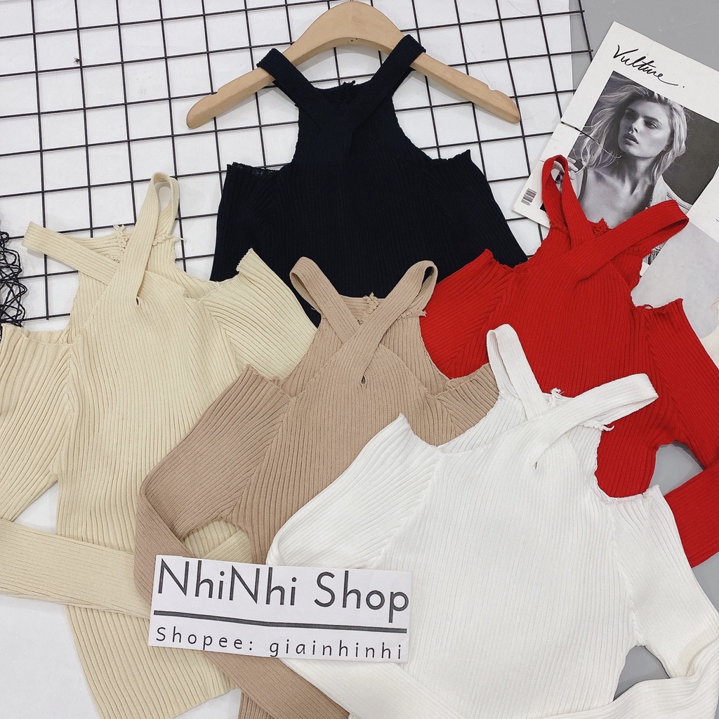 Áo len cổ yếm dây chéo sexxy sang chảnh, dáng ôm dài tay co giãn AL7575 - NhiNhi Shop