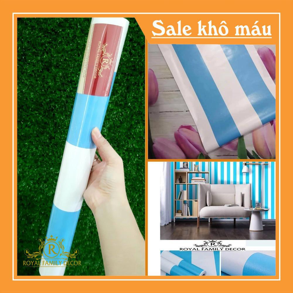 Giấy dán tường sọc trắng xanh cho không gian phòng thêm thoáng mát khổ 45cm*10m có sẵn keo bóc dán trang trí phòng ngủ