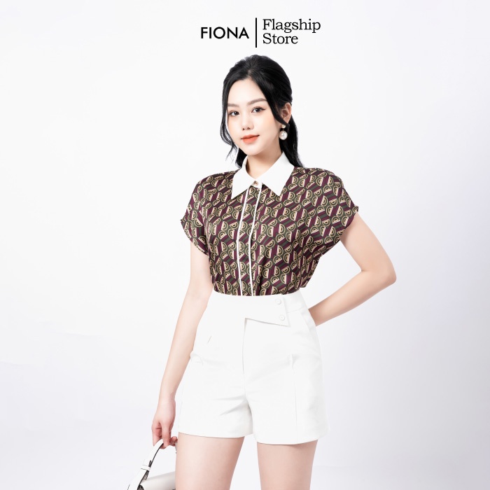 Áo sơ mi cổ đức Fiona, Sơ mi nữ cộc tay họa tiết màu tím trẻ trung mã F551204