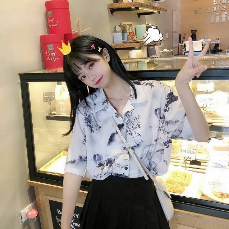 Áo Sơ Mi Nữ In Họa Tiết Tranh Sơn Thủy Form Rộng Unisex Ulzzang