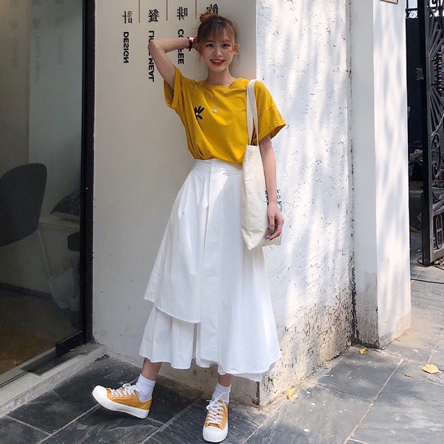 Chân váy xoè tầng vạt lệch Ulzzang siêu xinh - chân váy dài qua gối | BigBuy360 - bigbuy360.vn