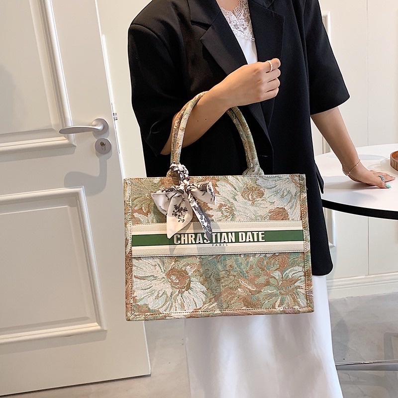 Túi Xách Nữ Hoạ Tiết Tranh Sơn Dầu, Túi Tote Túi Công Sở Nữ Size 36Cm Kèm Khăn