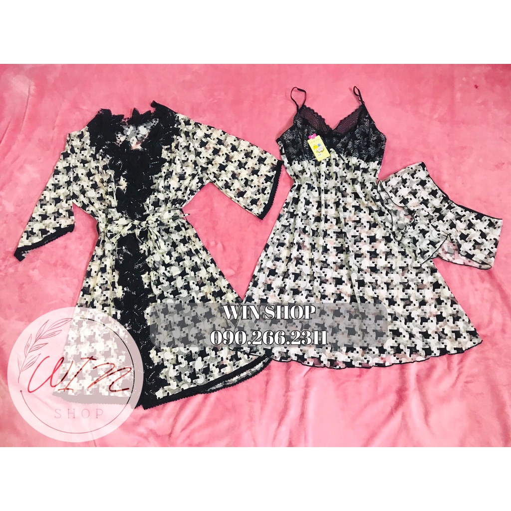 SET ĐỒ NGỦ CÓ ÁO CHOÀNG HỌA TIẾT BIG SIZE (áo choàng + đầm ngủ)