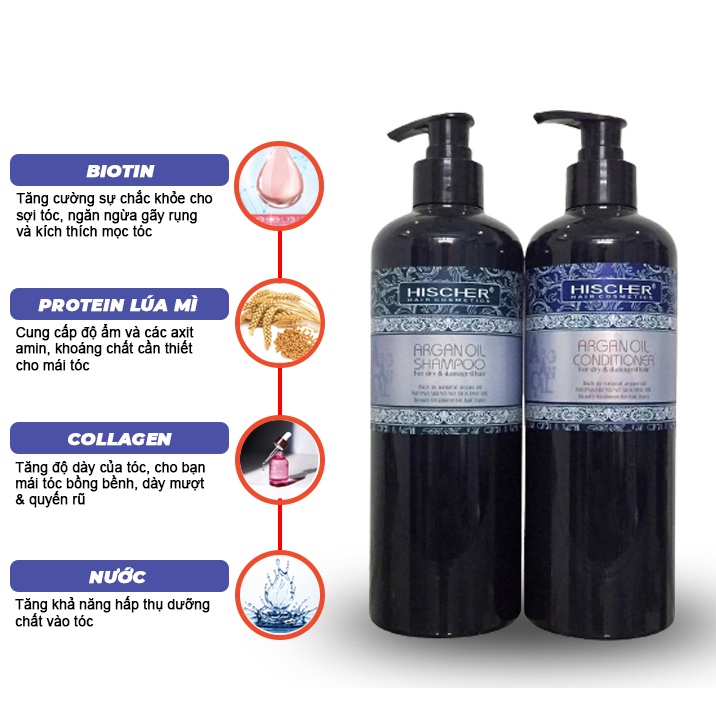Cặp Gội Xả Collagen Phục Hồi Tóc Hischer Argan 1000ml