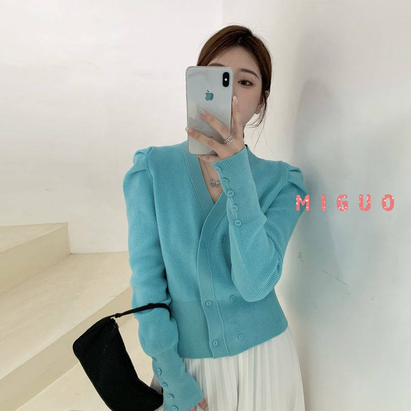 MIGUO Áo cardigan tay phồng ôm dáng dễ phối đồ mùa thu mới