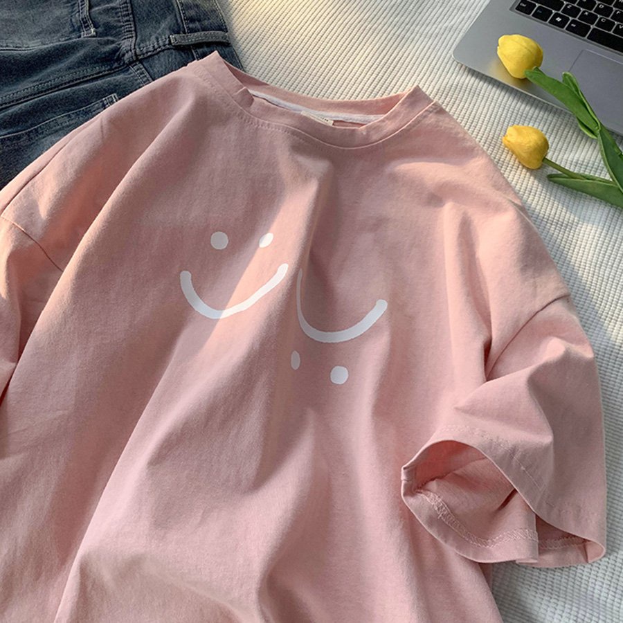 Áo thun tay lỡ form rộng in hình mặt cười so cute chất cotton mịn mát dành cho cả nam và nữ