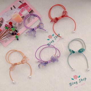 Dây cột tóc nơ ren voan sắc màu set 2 dây Bông Shop