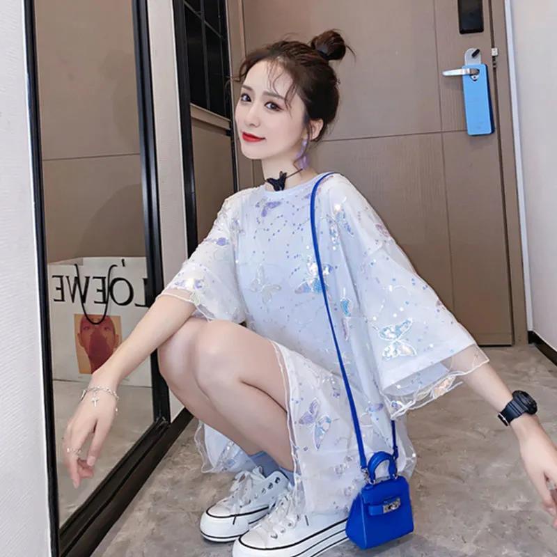 Áo Thun Lưới Ngắn Tay Dáng Rộng Họa Tiết Bướm Cho Nữ