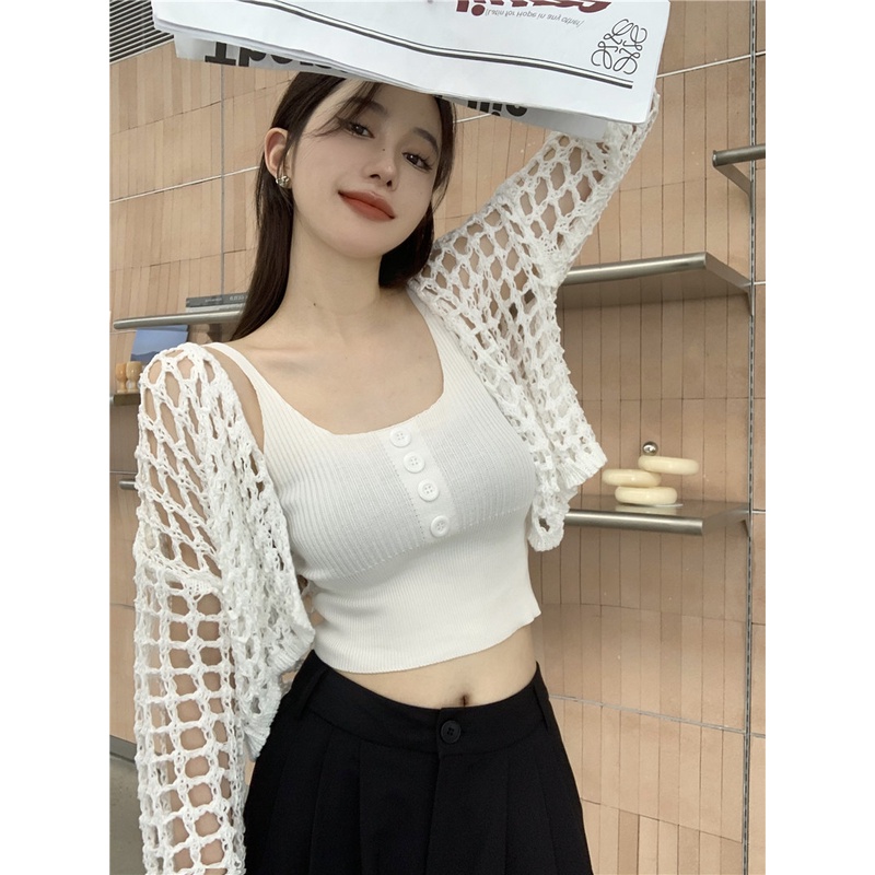 HUANG YOYO Set Áo Dây Dệt Kim + Áo Khoác cardigan Chống Nắng Thời Trang Hàn Quốc Cho Nữ