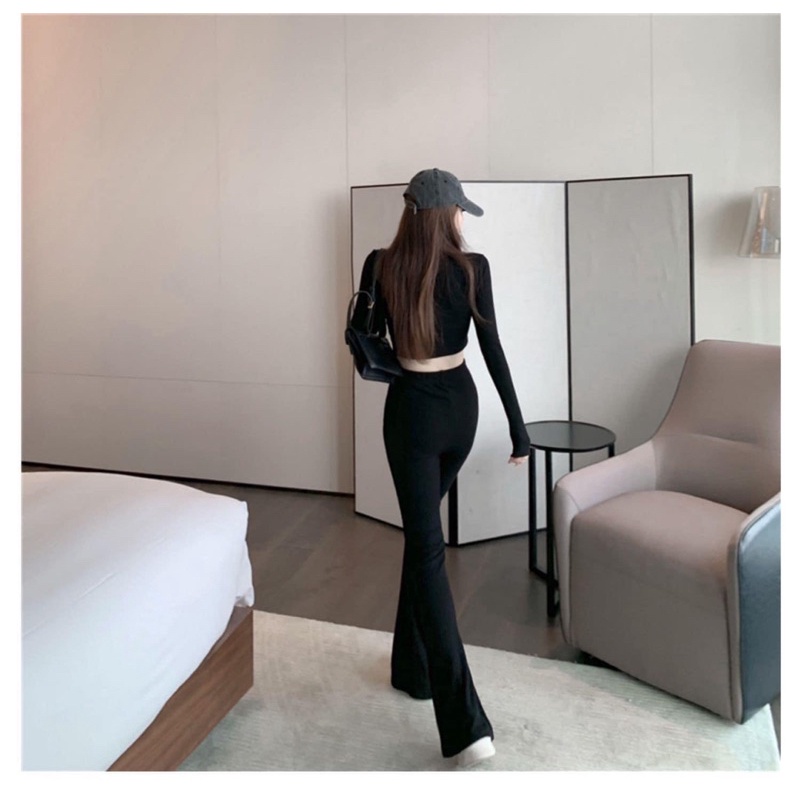 Quần loe một nút nữ lưng cạp cao vải cát Nhật co giãn bốn chiều màu đen - MIXIZ HOUSE