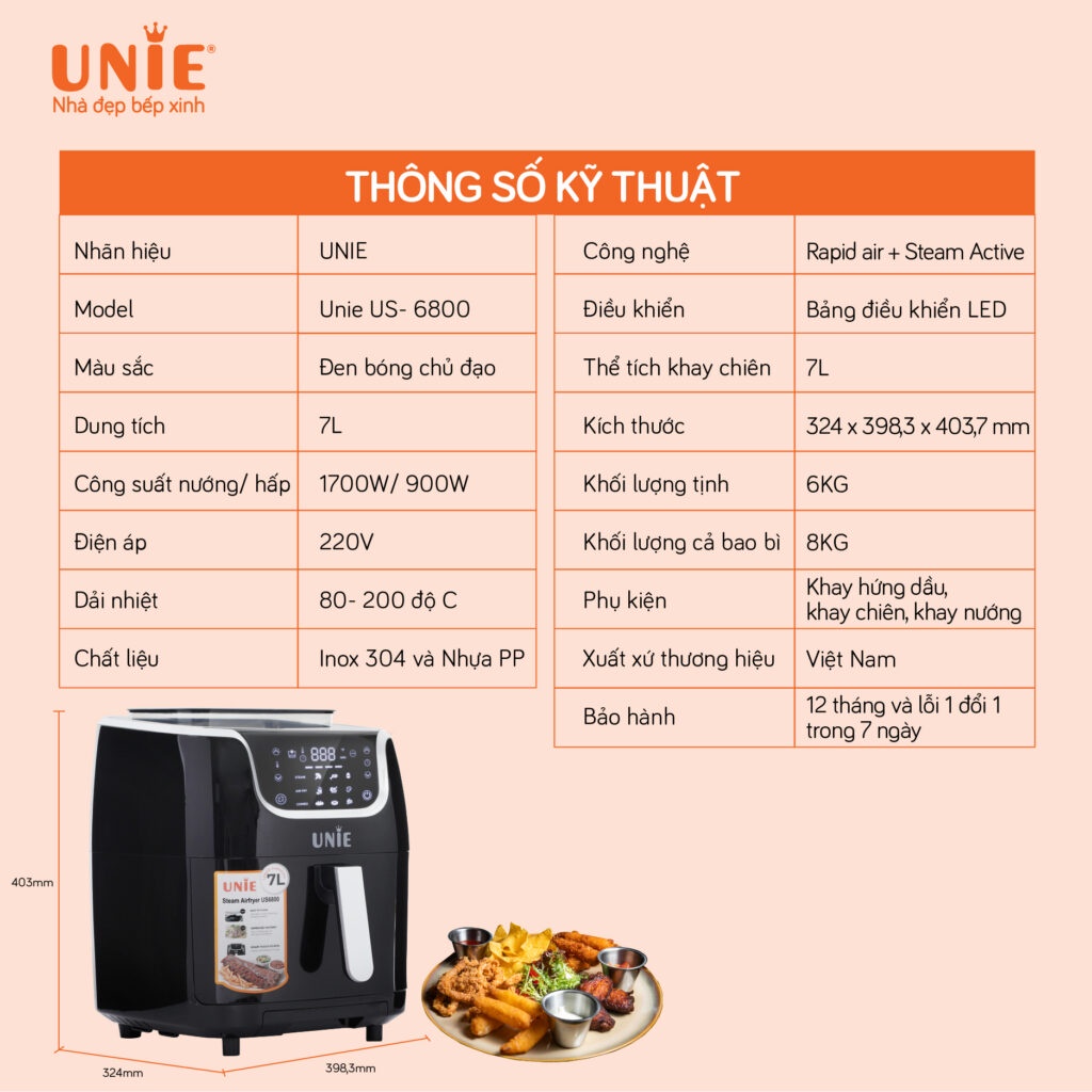 Nồi chiên hơi nước UNIE Steam US6800 dung tích 7L Hàng chính hãng