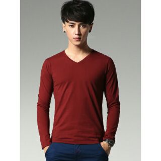 [Chuyên sỉ & lẻ] Áo thun cổ tim tay dài nam màu đỏ đô - DD02