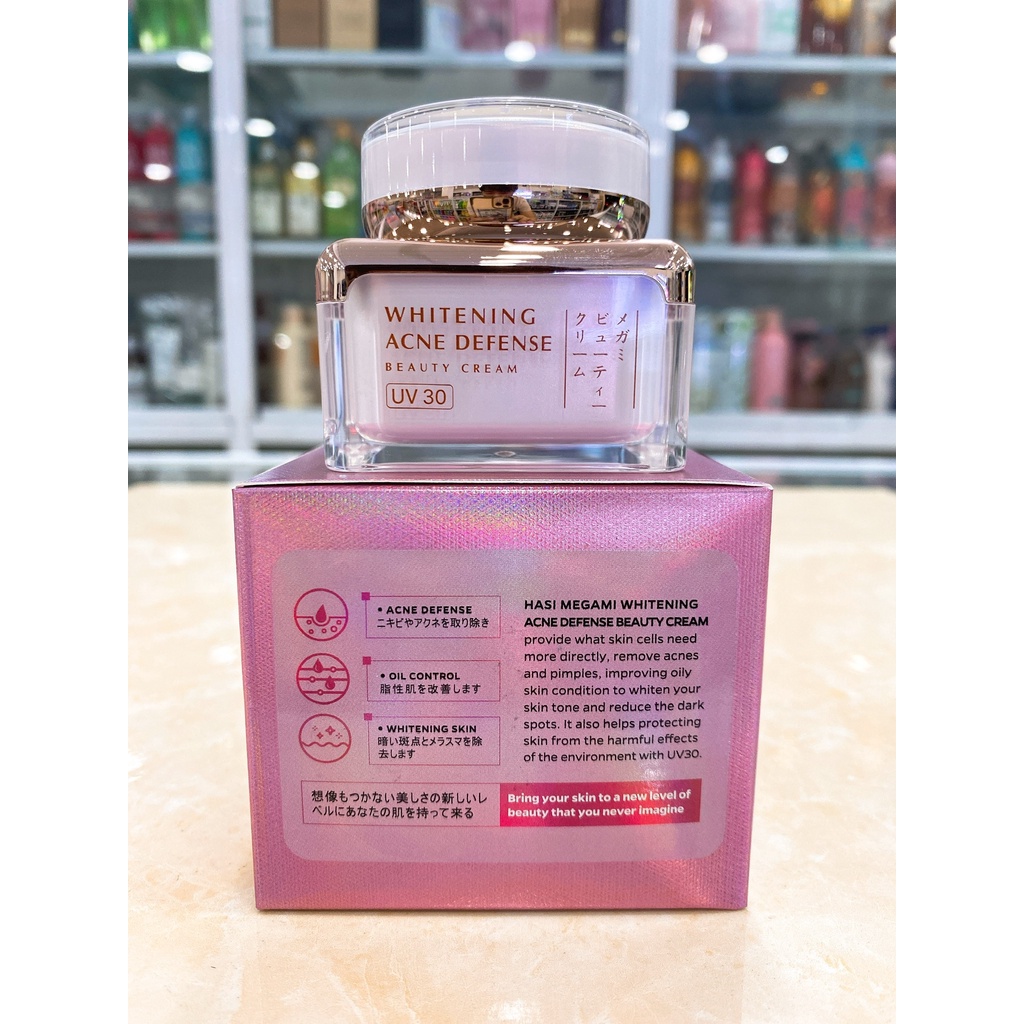 Kem Dưỡng Trắng Da Mờ Thâm Mụn HASI Megami Thảo Dược Whitening Acne Defense UV30 28g