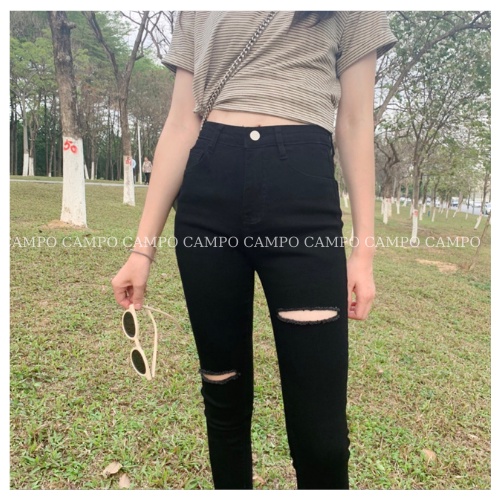 Quần Jean Nữ Lưng Cao Skinny Đen Rách Gối CAMPO Quần Bò Nữ Dáng Ôm Cao Cấp