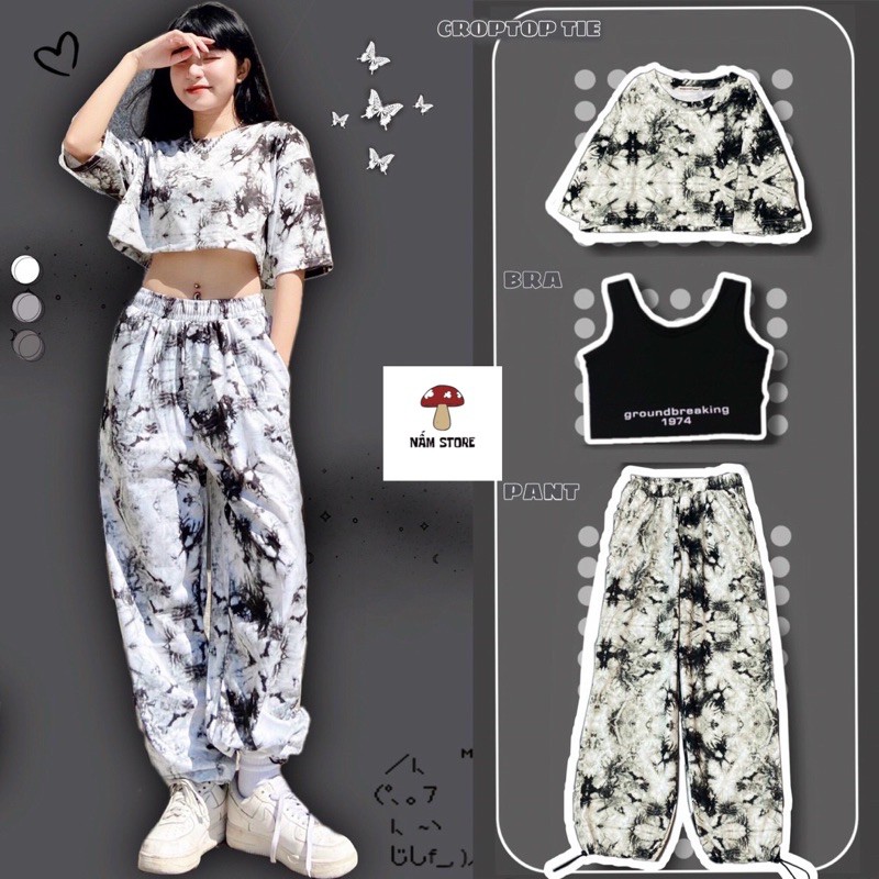 Set áo croptop  loang màu + bra đen + quần jogger dài loang màu ống rộng dây rút - Set bộ thể thao 3 món