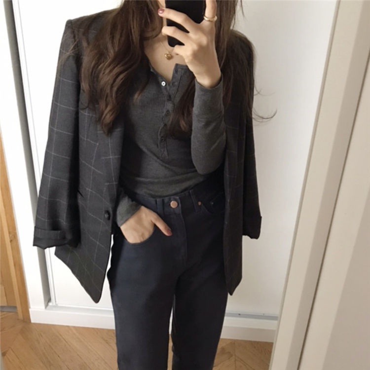 Áo thun tay dài màu sắc đơn giản phong cách Hàn Quốc thời trang thu đông 2021