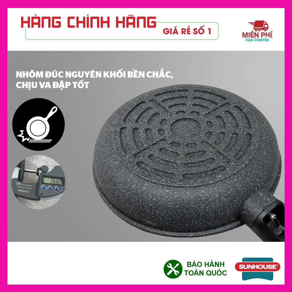 Chảo chống dính siêu bền đá Sunhouse, chảo đá Sunhouse SBD24,26,28,30cm, đáy dày dặn, phù hợp bếp gas, bếp hồng ngoại