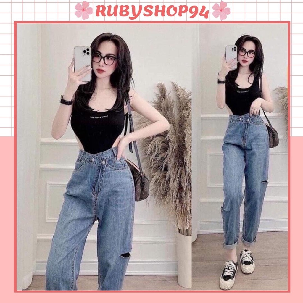 [Mã FAMARAL1 giảm 10K đơn 50K] Quần jeans nữ form rộng dáng baggy, Quần bò rách cạp chéo thụng hack dáng chất đẹp