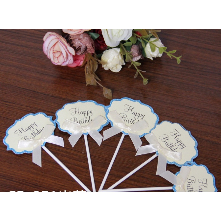 Que Cắm Thẻ Giấy Trang Trí  Bánh Sinh Nhật, Bánh GATO, Món Ăn  - Chữ Happy Birthday Kèm Nơ