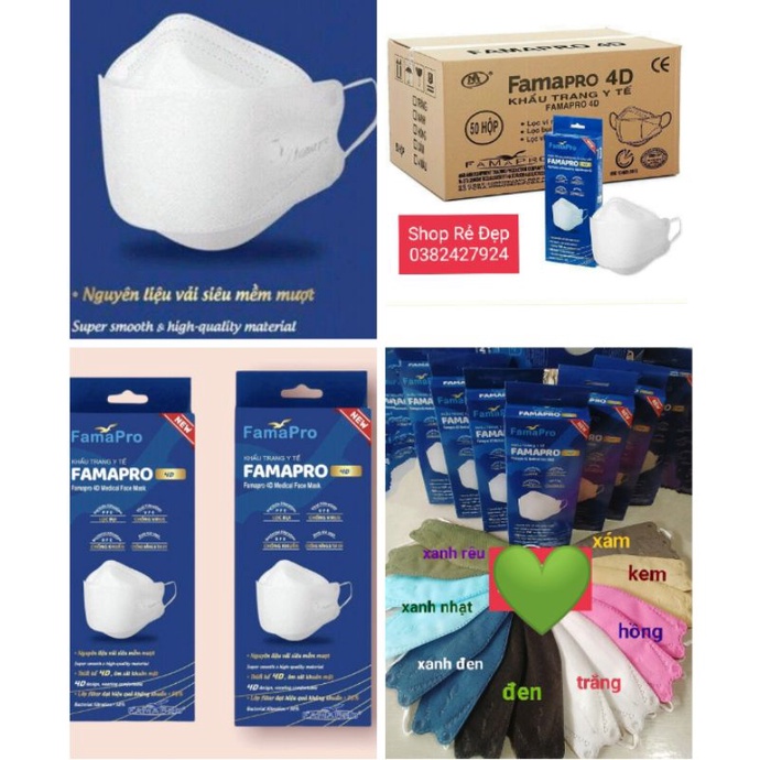 Sỉ 1 thùng 50 hộp khẩu trang 4D KF94 có đủ màu được mix màu. thương hiệu Nam Anh famapro