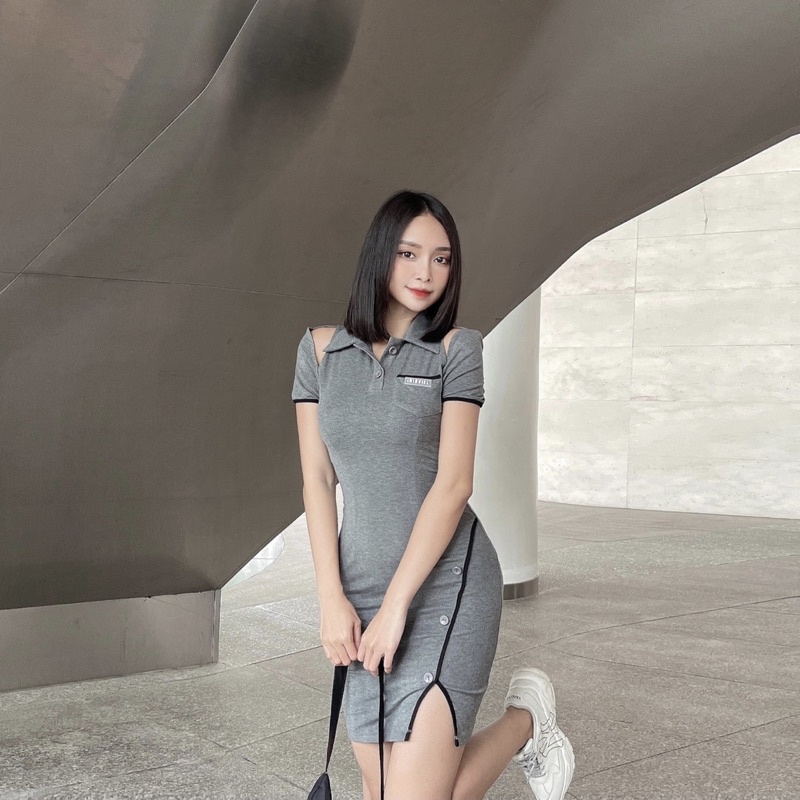 Váy polo hở vai tay cộc IRISVIEL, váy ngắn cổ đức kiểu polo hở vai cộc tay phối viền tương phản thun ôm body S/M
