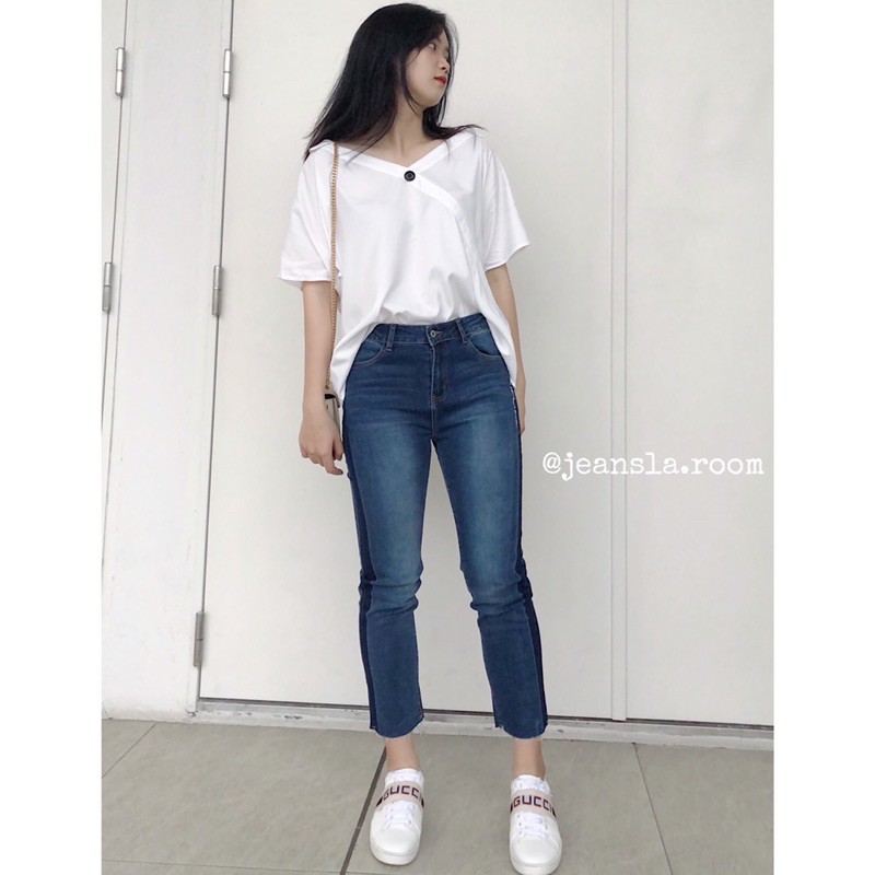 ⚡FREESHIP⚡ Quần Girlfriend Jeans JEANSLA Xanh kẻ 2 màu đậm nhạt form hơi ôm mix đồ độc lạ thời thượng cá tính [#QJL28]