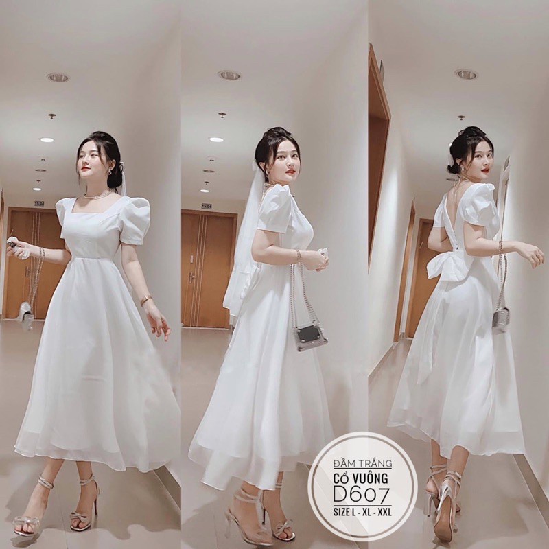 💖size 40-90KG💖 Đầm trắng xoè nơ lưng to dự tiệc đầm trắng bigsize giá rẻ size lớn lady