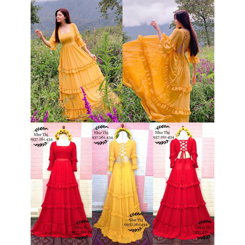 (miễn phí chỉnh váy) maxi boho hở lưng váy xòe viền bèo du lịch chụp hình thời trang sống ảo đà lạt hoa thiết kế