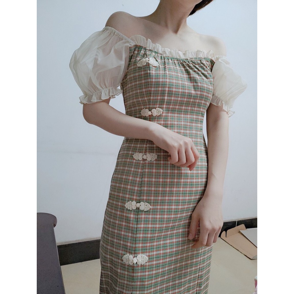 ♥️Đầm,Váy Sườn Xám Kẻ Caro Trễ VaiSize S->2XL