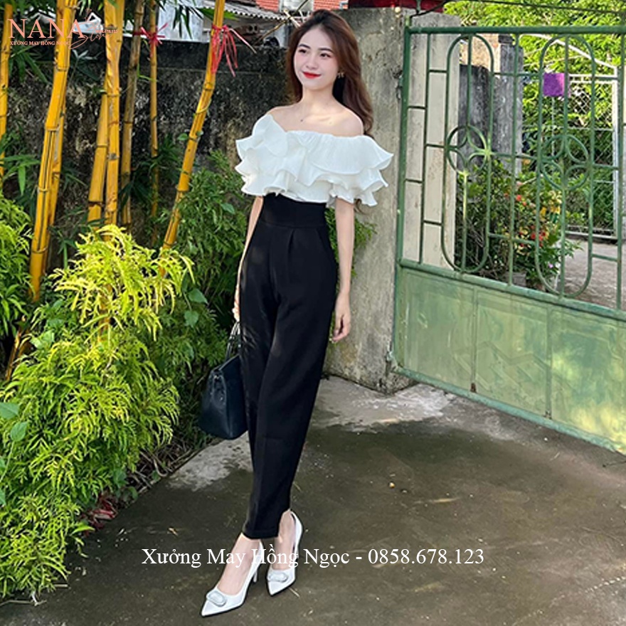 Quần tây lưng cao cạp V bản to ống baggy đứng khóa sau hông màu Đen dáng quần vải nữ công sở cạp cao đi học duyên dáng