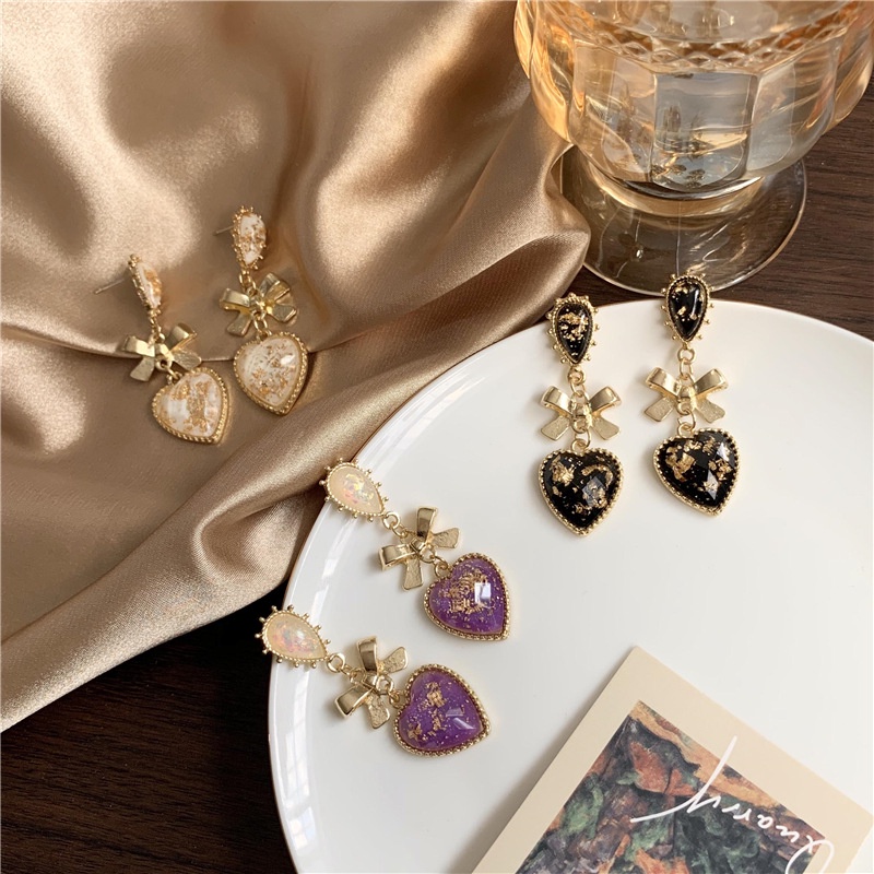 Khuyên Tai Đá Dài Hình Trái Tim Nơ Vintage | Bông Tai Sang Chảnh