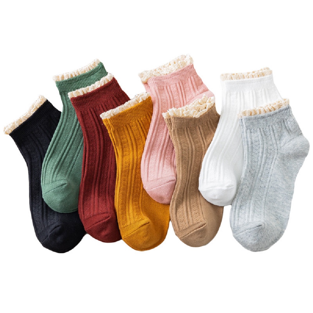 Vớ Cotton Cổ Thấp Màu Trơn Phối Ren Nhún Bèo Phong Cách Harajuku Thời Trang Cho Nữ