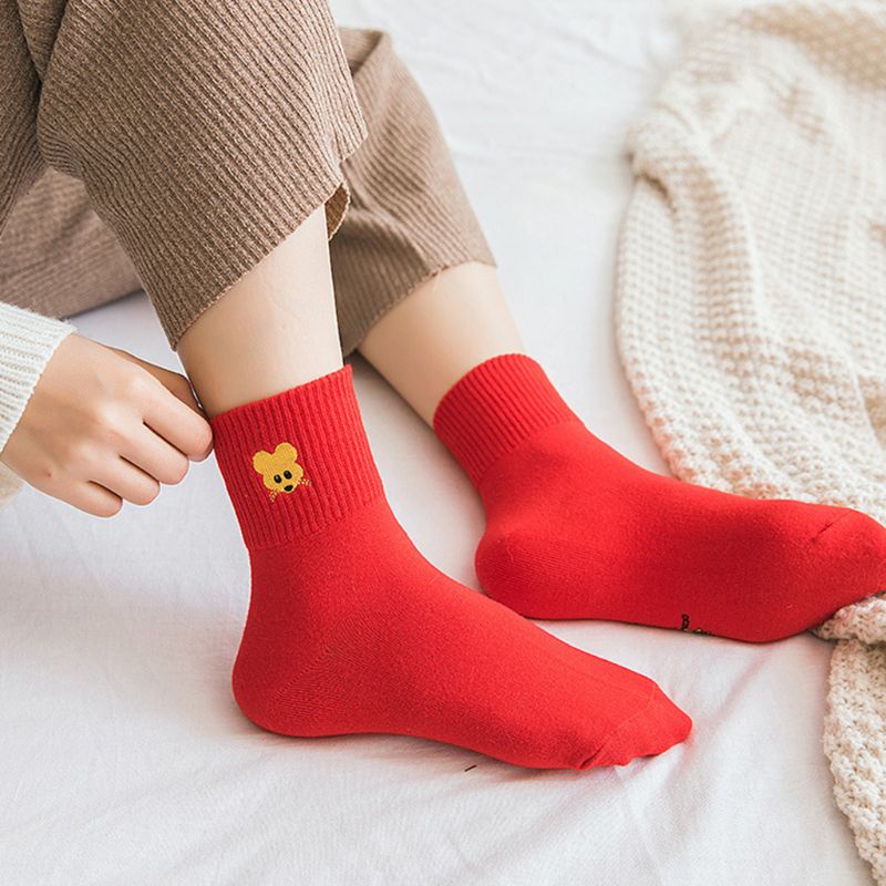 Whi Vớ Cotton Cổ Thuyền Màu Đỏ Thêu Biểu Tượng Chú Chuột May Mắn Phong Cách Trung Hoa Cho Nữ