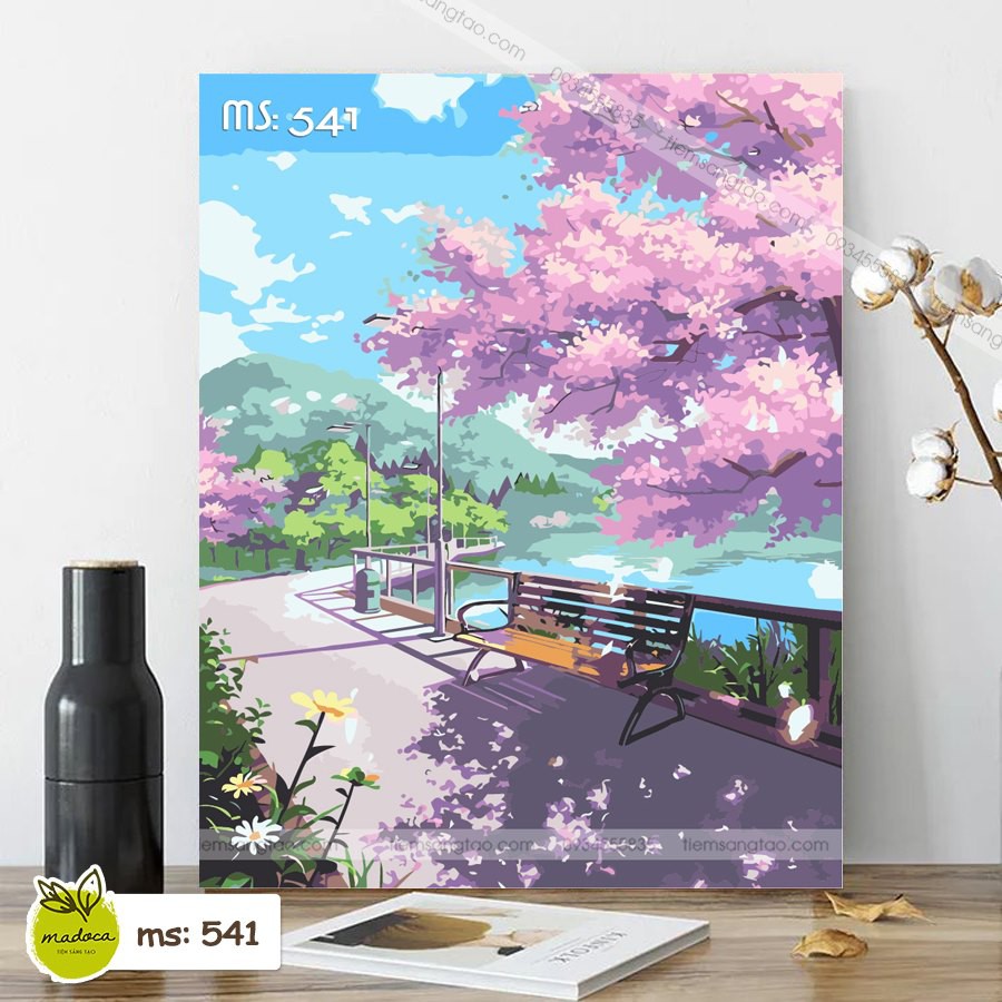 Tranh tô màu số hóa Madoca có khung 40x50cm hoa anh đào bên sông T541